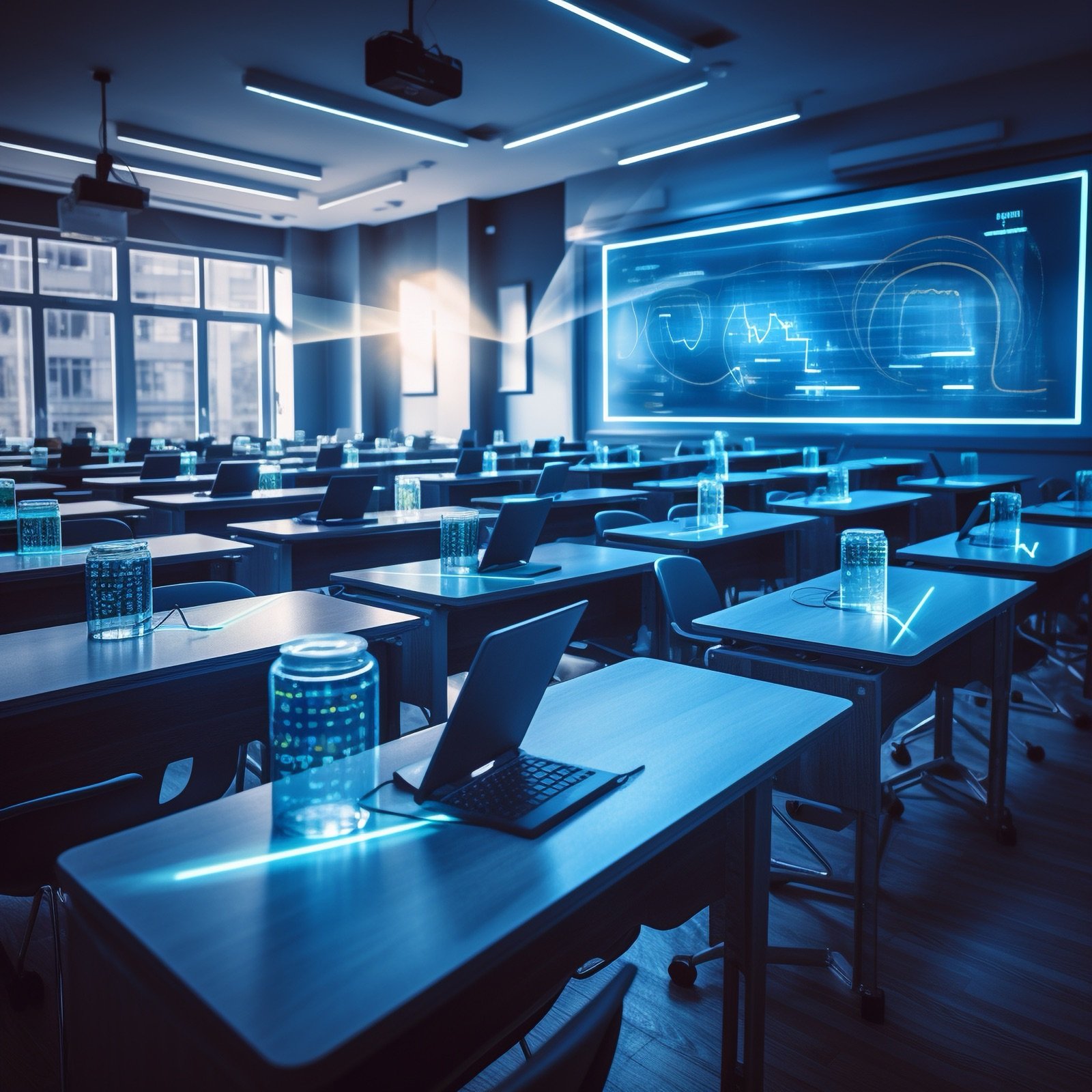 Digital forensics training classroom with workstations and a projected analysis display